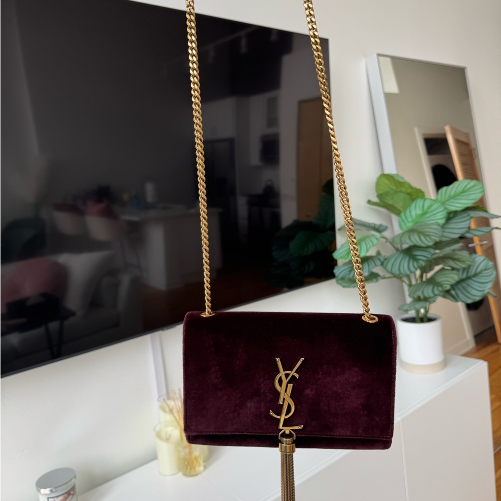 YSL Saint Laurent Burgundy Velvet Monogram Kate Tassel Crossbody Bag